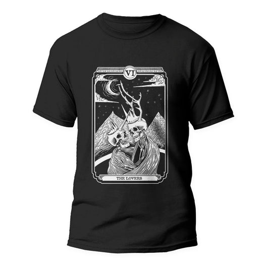 Black Tshirt with the Lovers Tarot card graphic on the front.