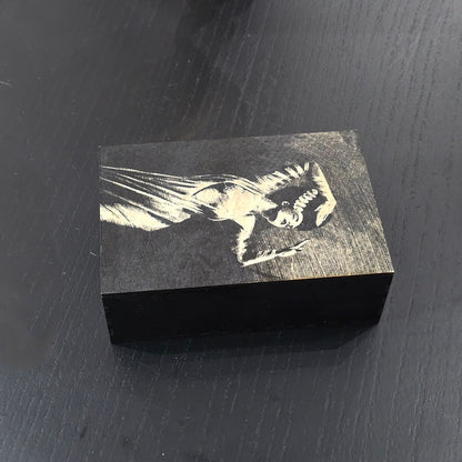 Black wooden box with bride of Frankenstein engraved on a dark surface