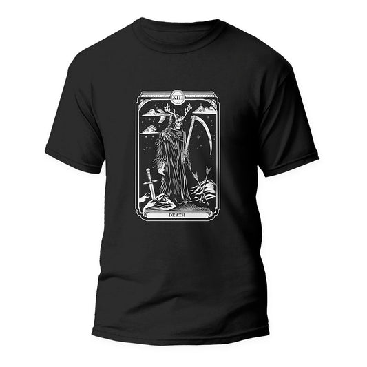 Black Tshirt with Death tarot graphic on the front.