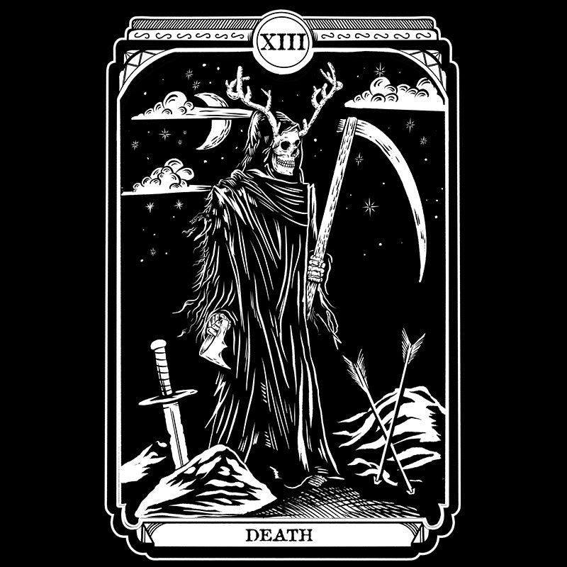 Black Tshirt with Death tarot graphic on the front.