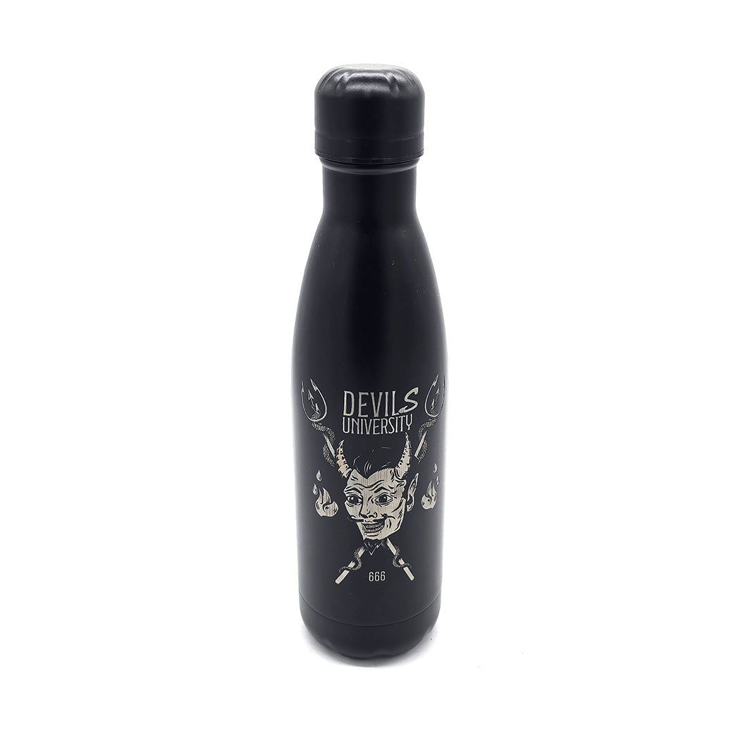 Black water bottle with 'Devil's University' design