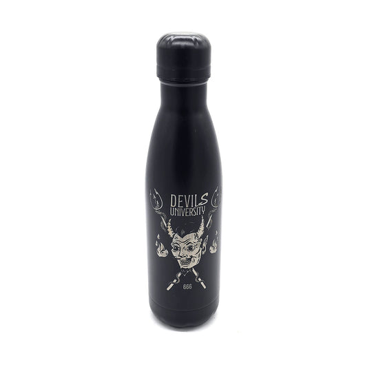 Black water bottle with 'Devil's University' design