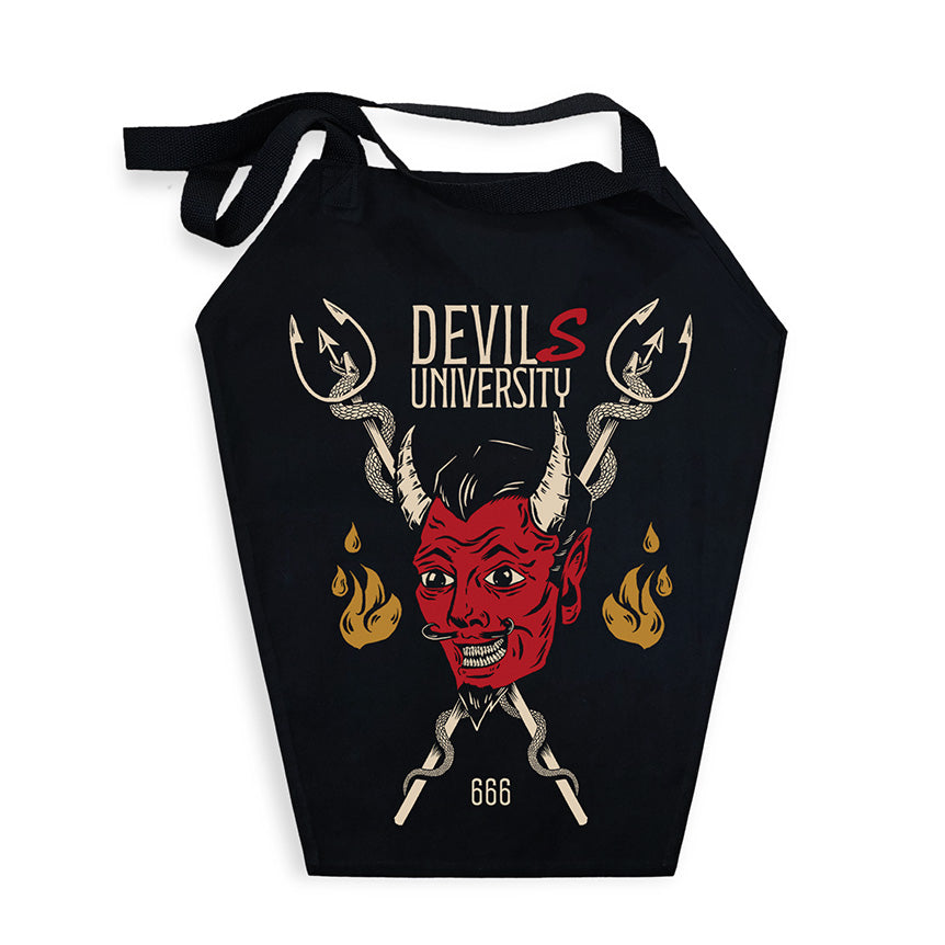 Black coffin shaped tote bag with a devils University graphic