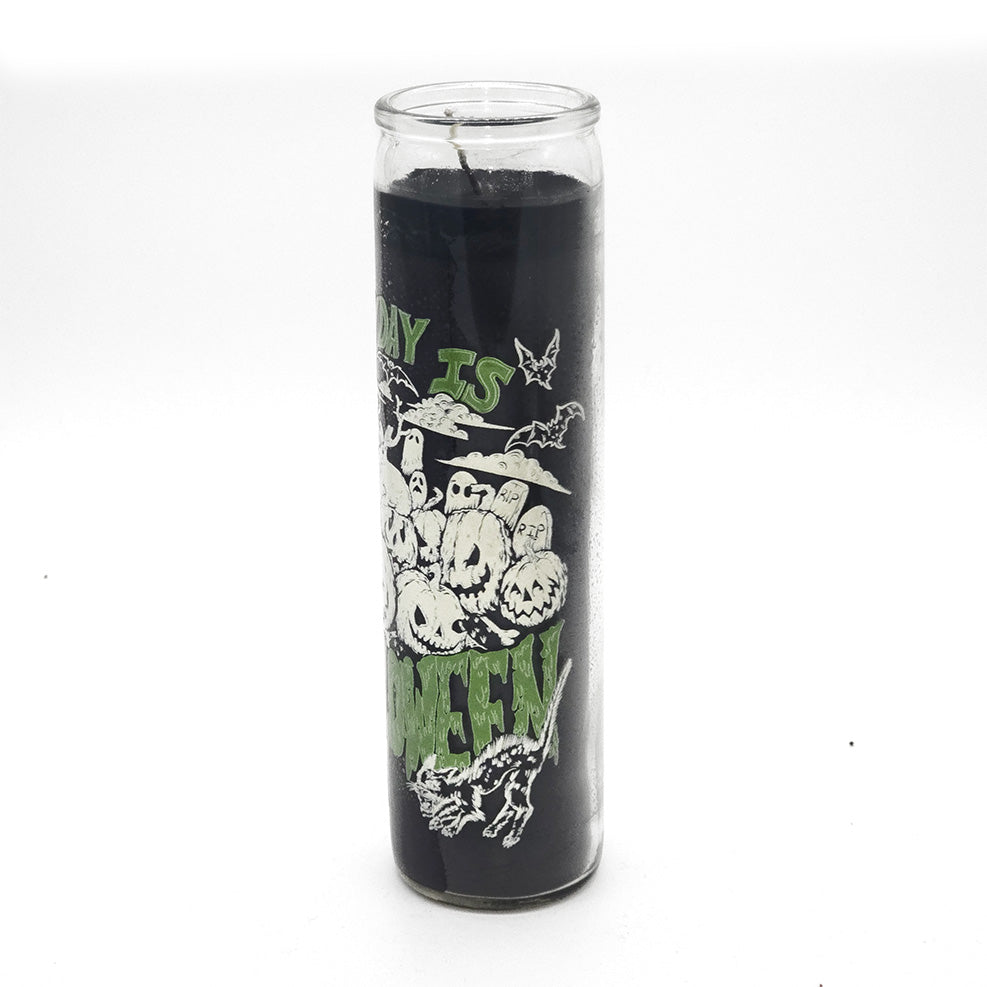 Black Candle in glass container with Everyday is Halloween artwork