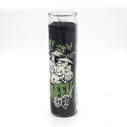Black Candle in glass container with Everyday is Halloween artwork