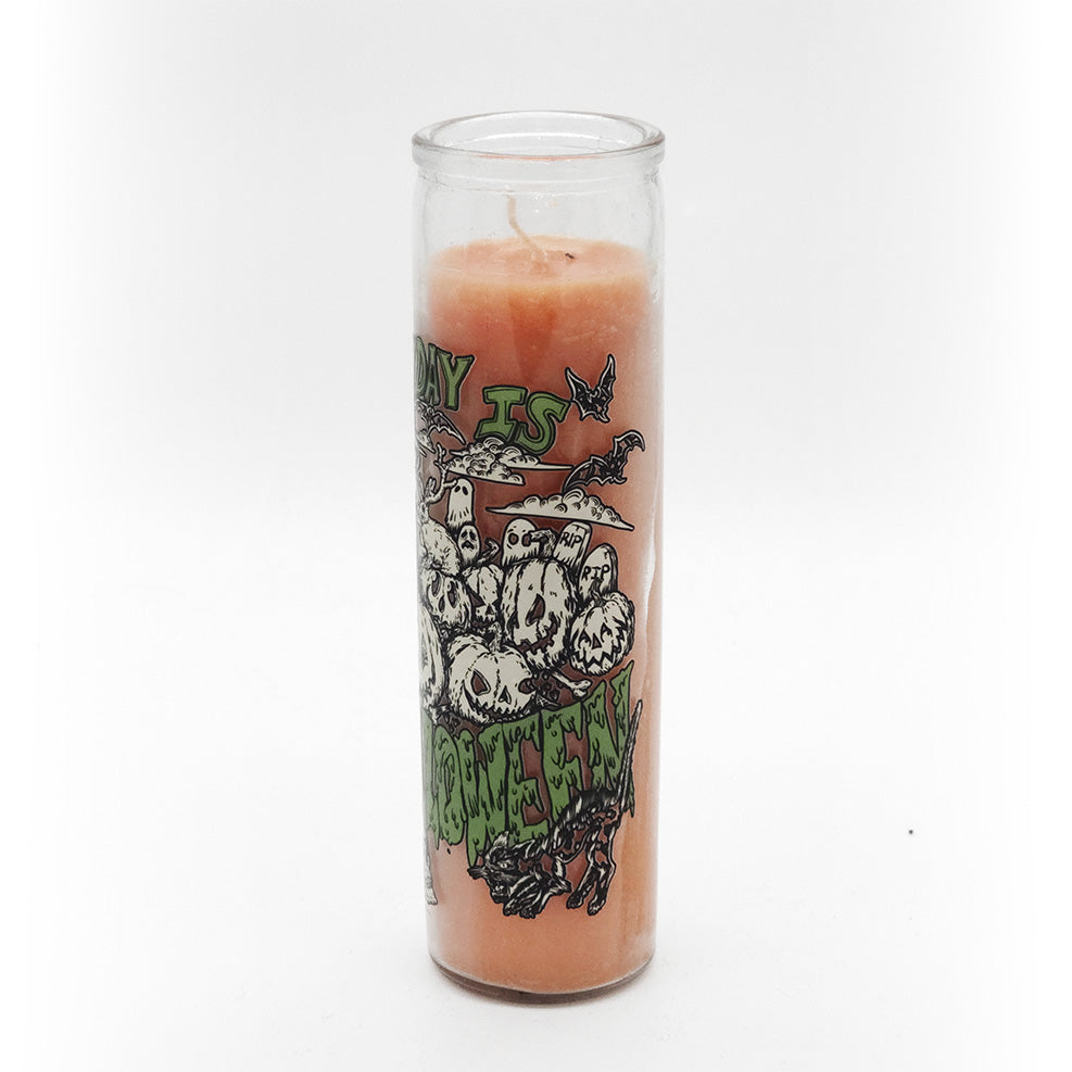 Orange Candle in glass container with Everyday is Halloween Artwork