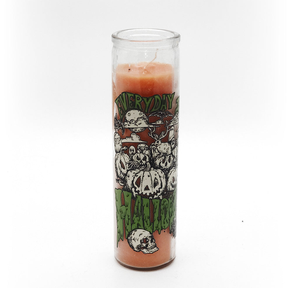 Orange Candle in glass container with Everyday is Halloween Artwork