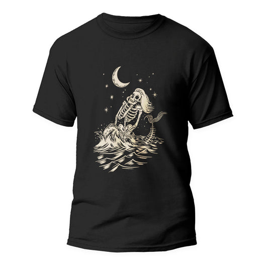 Black Tshirt with a Mermaid Skeleton graphic on the front.