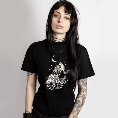 Black Tshirt with a Mermaid Skeleton graphic on the front.