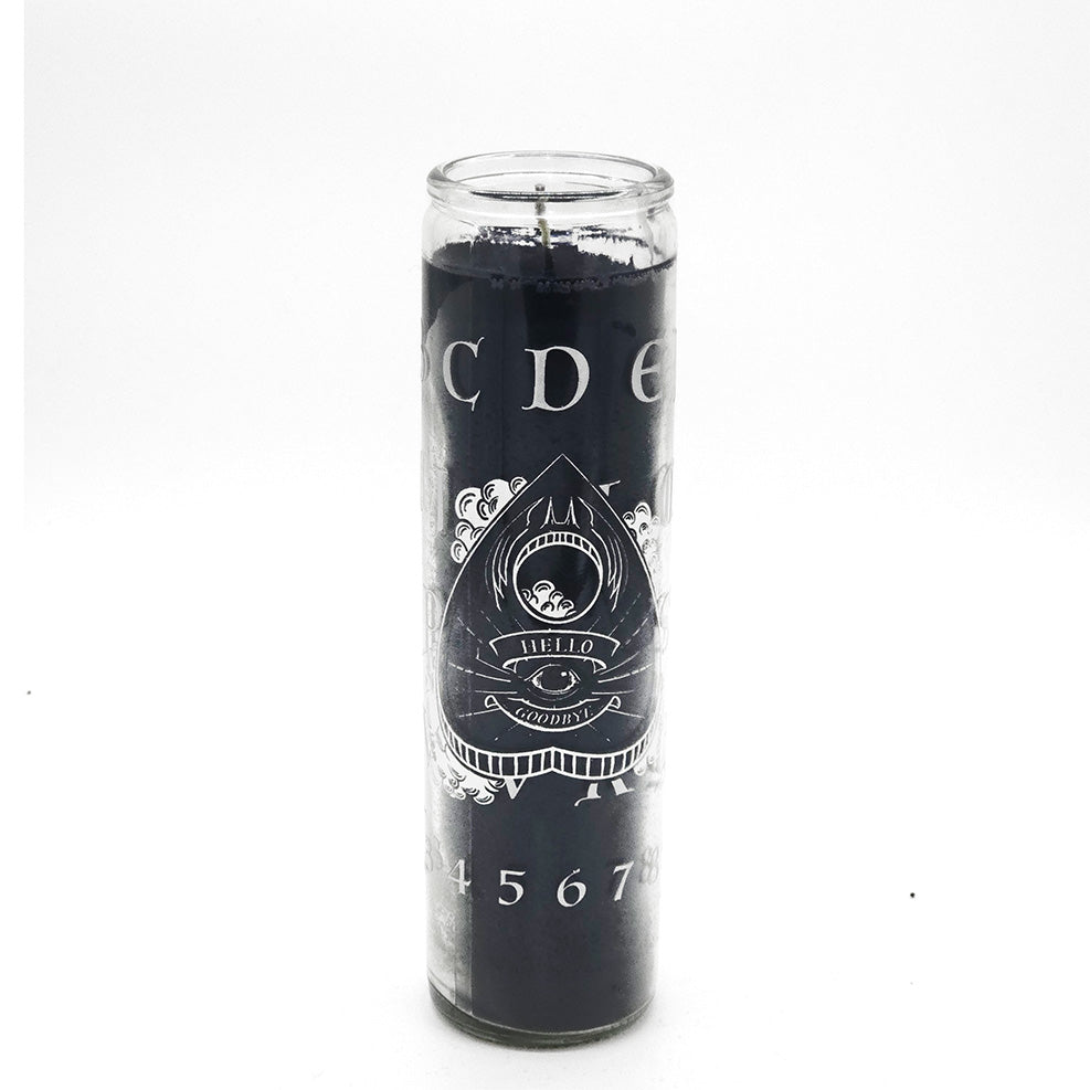 Black Candle in glass container with Ouija Board artwork