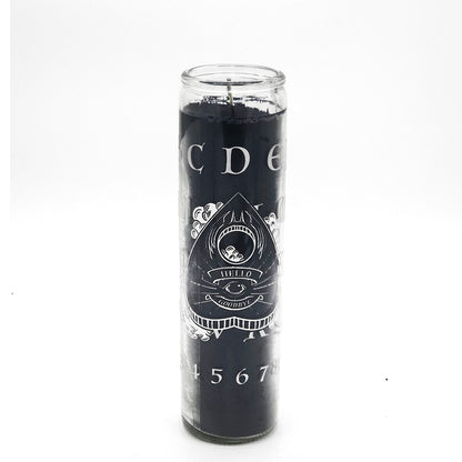 Black Candle in glass container with Ouija Board artwork