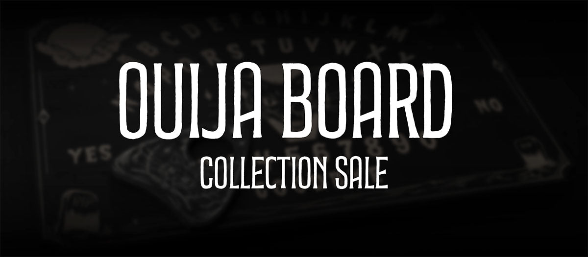 Promotional text for Ouija board collection sale on a dark background with blurred Ouija board design.