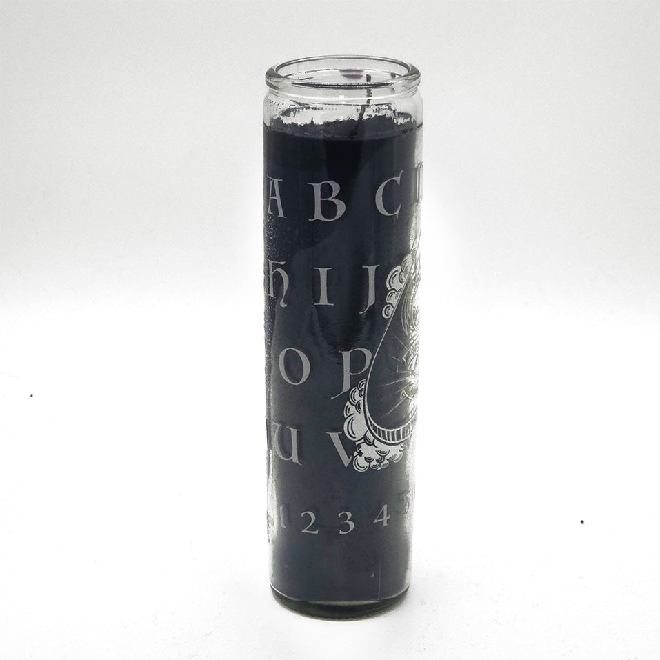 Black Candle in glass container with Ouija Board artwork
