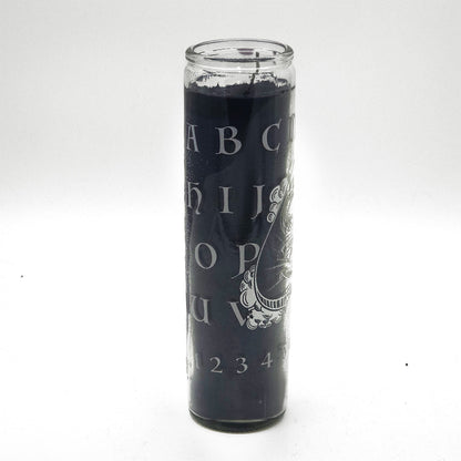 Black Candle in glass container with Ouija Board artwork