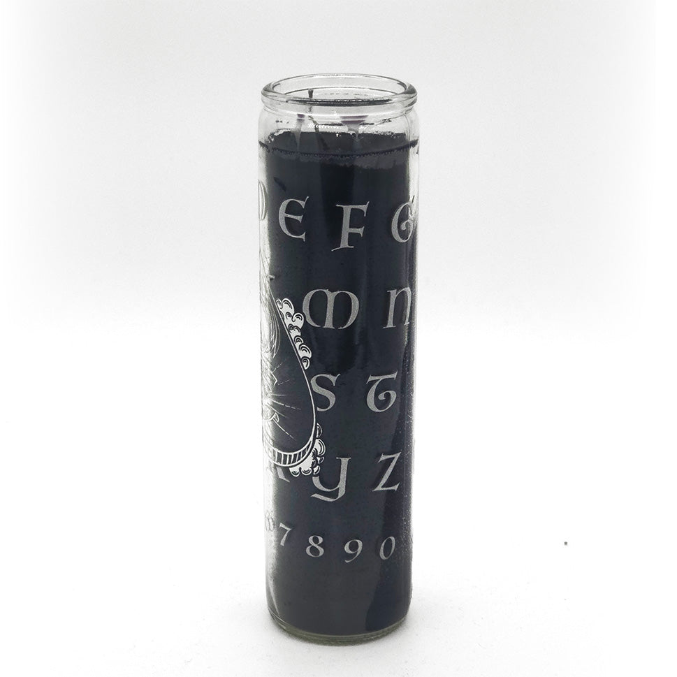 Black Candle in glass container with Ouija Board artwork