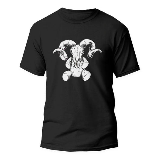 Black Tshirt with a Teddy Bear and Ramskull graphic on the front.
