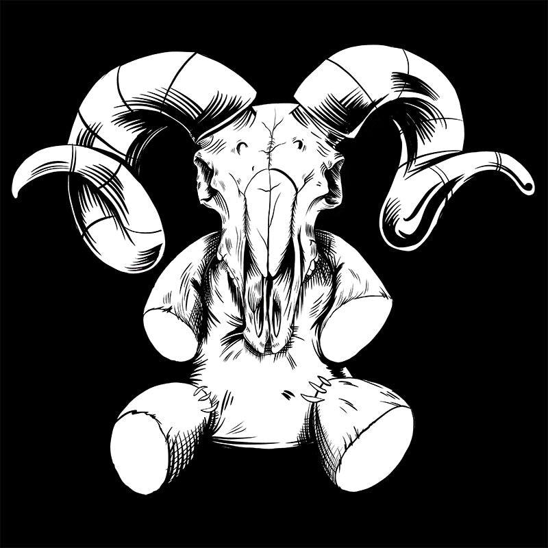 Black Tshirt with a Teddy Bear and Ramskull graphic on the front.