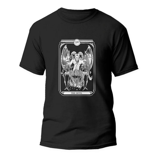 Black Tshirt with the Devil tarot graphic on the front.