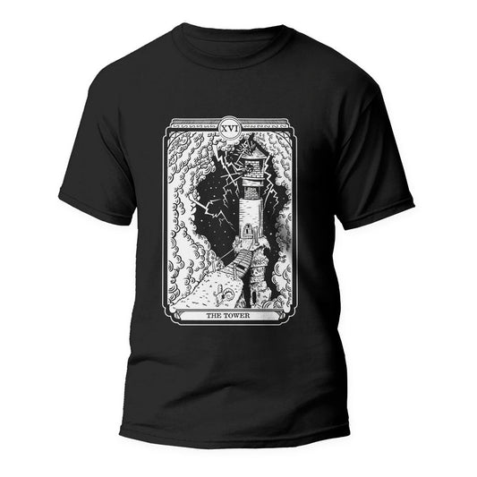 Black Tshirt with the Tower Tarot card graphic on the front.