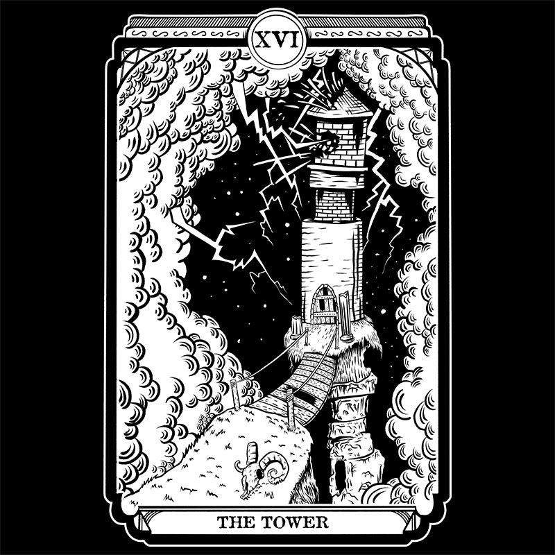 Black Tshirt with the Tower Tarot card graphic on the front.