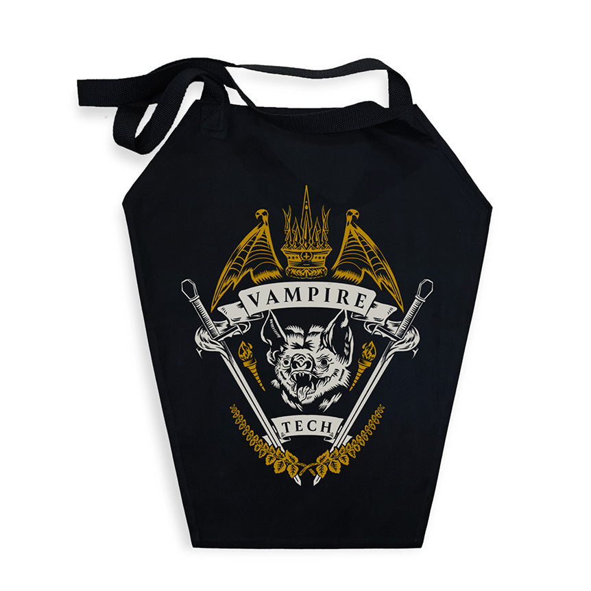 Black coffin shaped tote bag with a vampire tech white and gold graphic