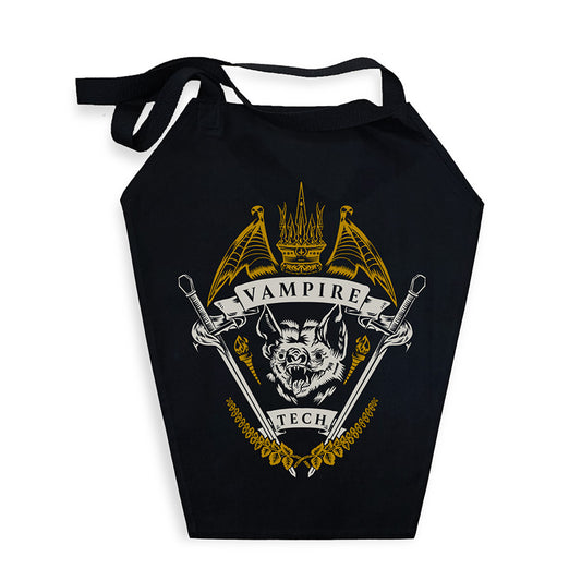 Black coffin shaped tote bag with a vampire tech white and gold graphic